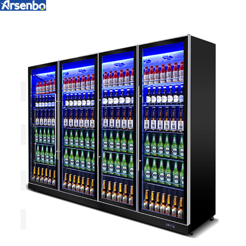 220V-240V Vertical Display Fridge , Multicolor LED Upright Glass Door Chiller