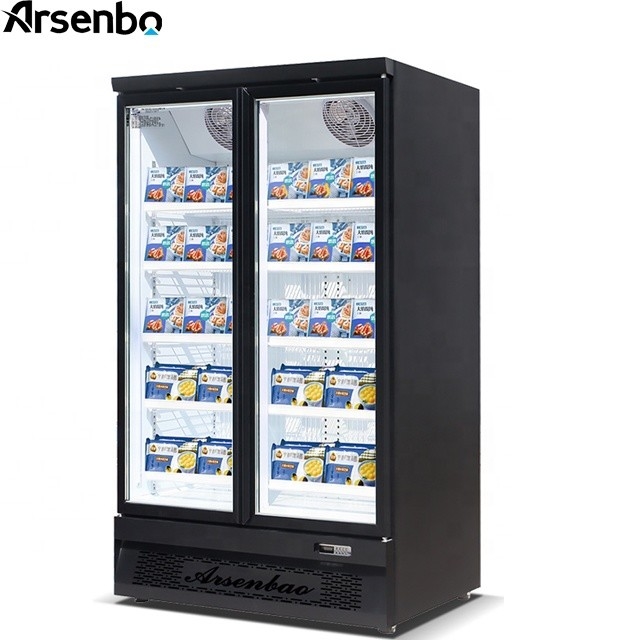 Black Two Door Commercial Supermarket Refrigerator Digital Temp 950L